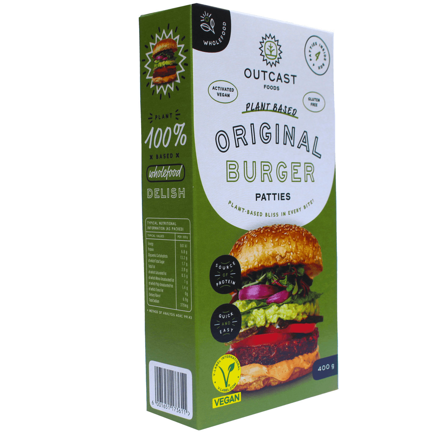 Side angle of Frozen Plant-Based Burger box.