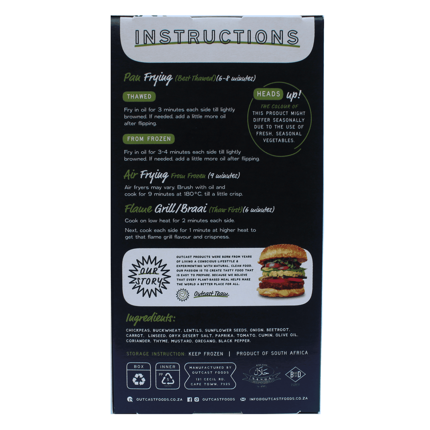 Back of the burger pack showing ingredients and nutritional data.
