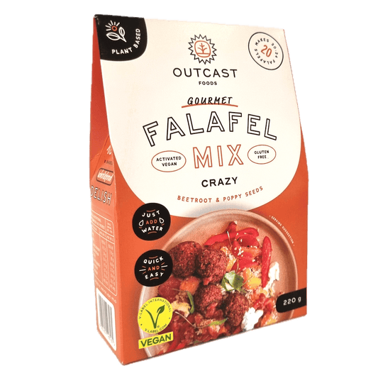 Falafel Pre-Mix Crazy Beetroot by Outcast Foods in 220g box, made with beetroot and poppy seeds. Vegan, gluten-free meat alternative.