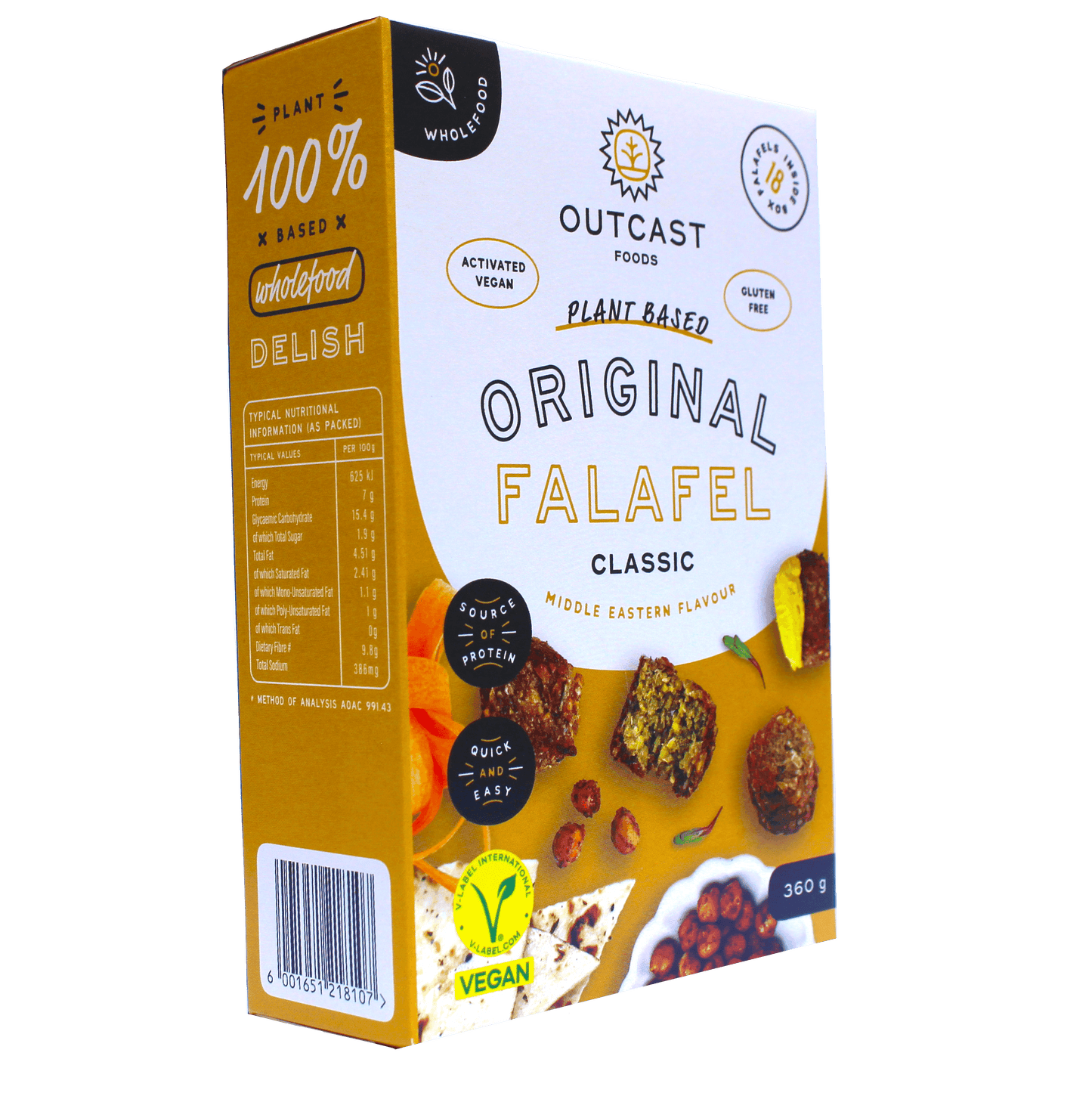 Alternate angle of Frozen Falafel box with product details.