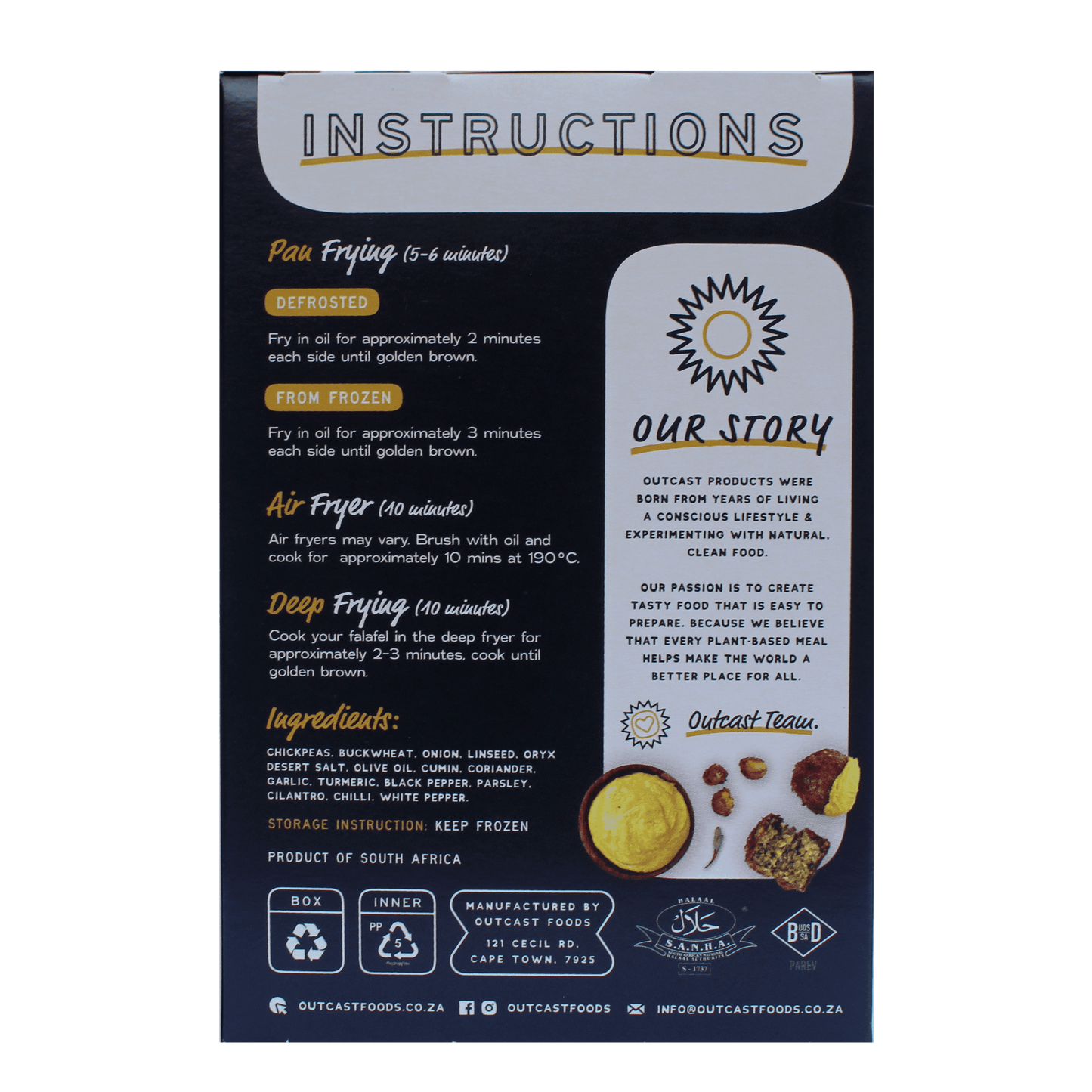 Back panel of Frozen Falafel packaging with ingredient and nutrition info.