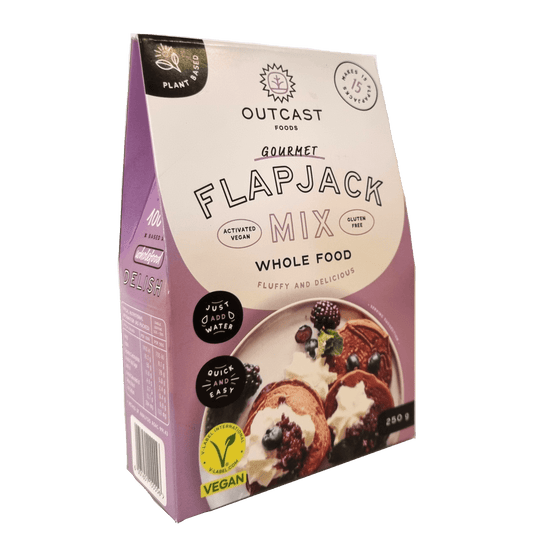 Side view of Wholefood Flapjack Mix box with key ingredient highlights.